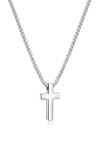 Fiusem Men's Silver/Gold/Black Cross Necklace, 2.5mm Chain, Stainless Steel Pendant, 16-24 Inch