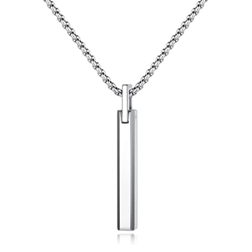 COAI Tungsten Bar Necklace for Men, 20"-26" Platinum/Silver Pendant