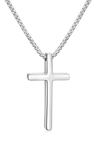 Fiusem Men's Silver/Gold/Black Cross Necklace, 2.5mm Chain, Stainless Steel Pendant, 16-24 Inch