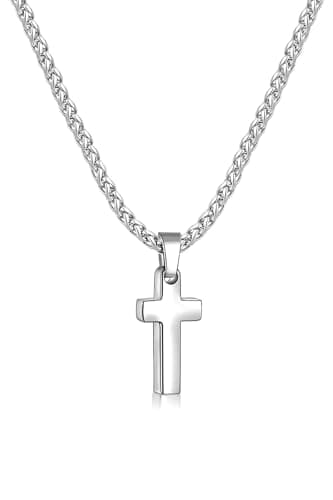 Fiusem Men's Silver Tone Cross Necklace, Stainless Steel Wheat Chain, 16-24 Inch