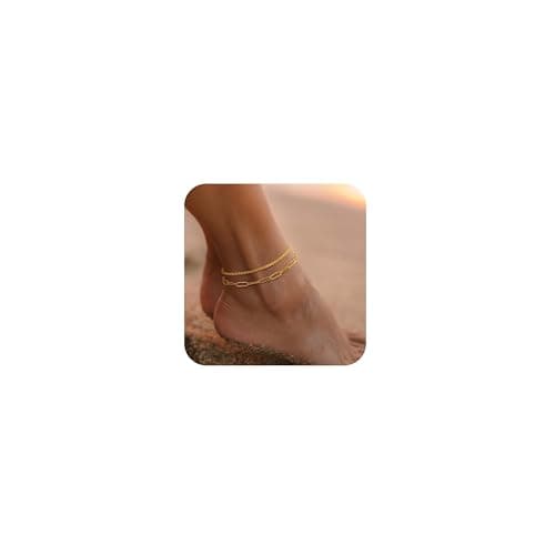 Freekiss Sterling Silver Layered Waterproof Anklet for women Adjustable Beaded Cuban Link Jewelry