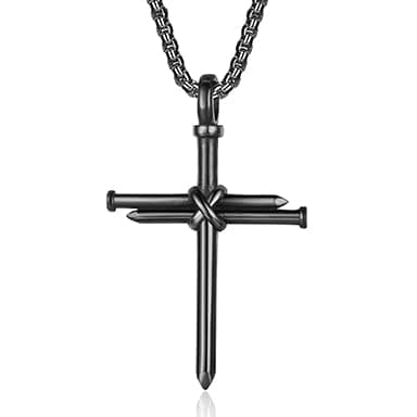 HattiDoris Men's Stainless Steel 24inch 3 Nail Jesus Cross Pendant Necklace Christian Gift