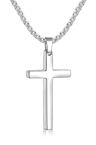 Fiusem Men's Silver Tone Cross Necklace, Stainless Steel Wheat Chain, 16-24 Inch