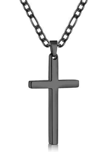 Fiusem Men's Stainless Steel Black Cross Necklace, 3.5mm Figaro Chain 16-24 Inches