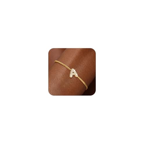 Women's 14K Gold Adjustable Bracelet with Cubic Zirconia Initial Letter