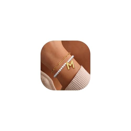 Turandoss Pearl Bubble Initial Bracelets for Women