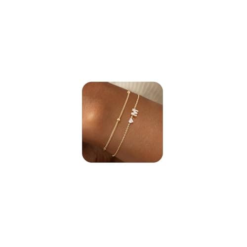 Tewiky Initial Heart Gold Bracelets for Women 14K Gold Plated Zircon Charm Charms Jewelry Gift