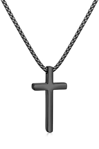 Fiusem Men's Silver/Gold/Black Cross Necklace, 2.5mm Chain, Stainless Steel Pendant, 16-24 Inch
