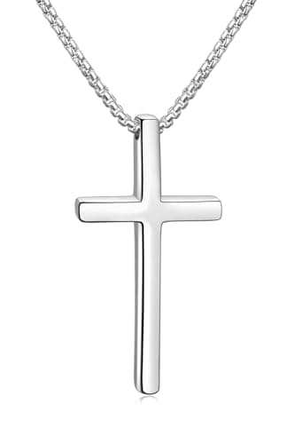 Fiusem Men's Silver/Gold/Black Cross Necklace, 2.5mm Chain, Stainless Steel Pendant, 16-24 Inch