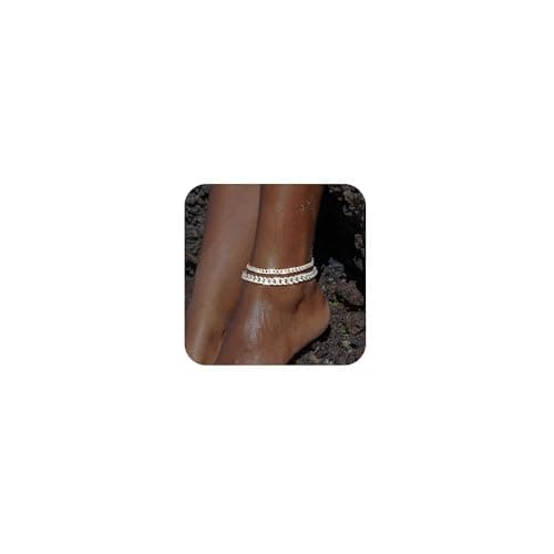 Funsanny Women's Waterproof Goldankle Bracelet Set 14K Gold/Silver Plated Chunky Cuban Link Trendy Gift