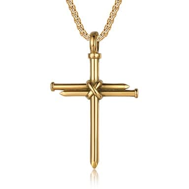 HattiDoris Men's Stainless Steel 24inch 3 Nail Jesus Cross Pendant Necklace Christian Gift