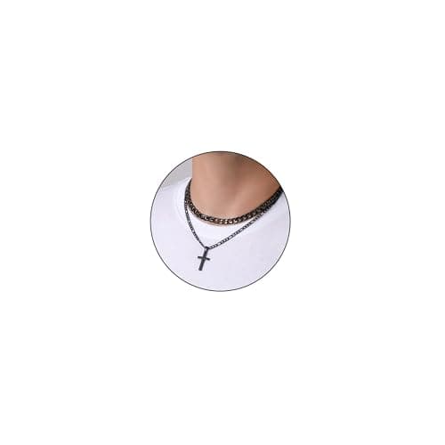 Men's Stainless Steel Layered Cross Pendant Necklace Cuban/Figaro Chains Christmas Jewelry