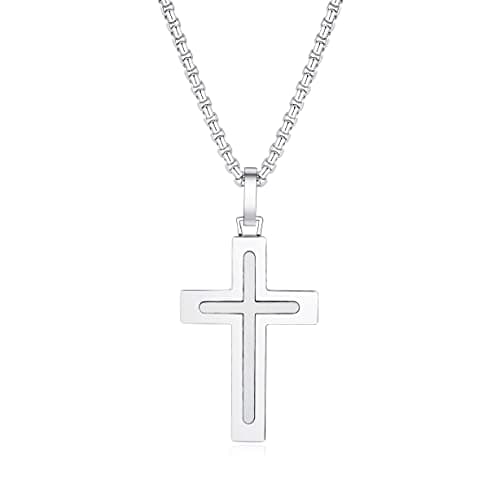 Holizaly Men's 316L Stainless Steel Cross Pendant White/Gold/Black/Blue Rolo Chain-Gift Box Included