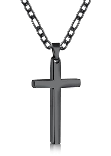 Fiusem Men's Stainless Steel Black Cross Necklace, 3.5mm Figaro Chain 16-24 Inches