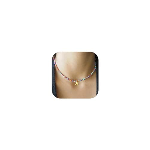 VLIEGEN 18K Gold Plated Colorful Beaded Initial Choker Necklace Boho Gift for Women