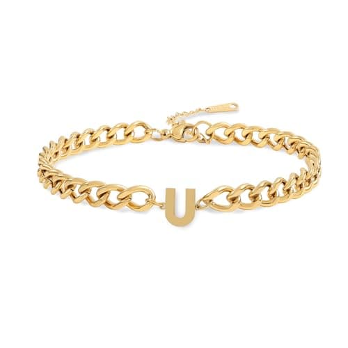 Jwicklirrng Men's 18K Gold Plated Letter Charm Bracelet A-ZAdjustable Cuban Chain for Boyfriend or Father