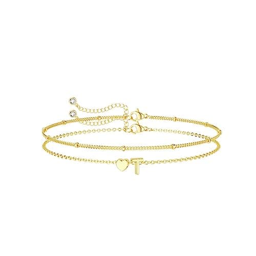 DearMay Dainty Heart Initial Gold Bracelets for Women Trendy 14K Real Gold Jewelry