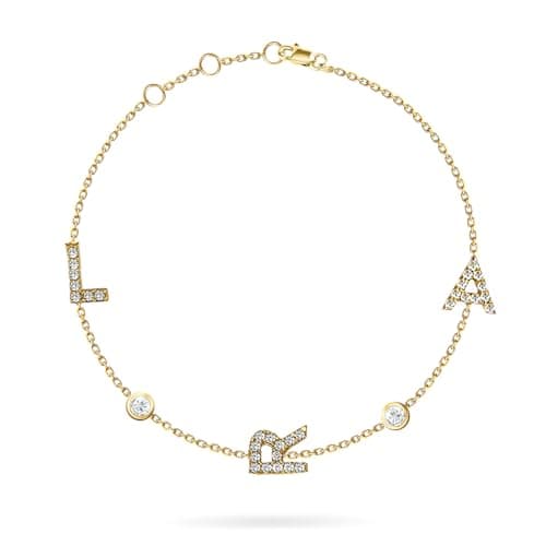 JEWEE 14k Gold Personalized Sideways Initial Diamond Bracelet