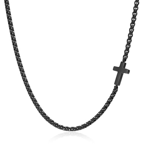 FLHEART Stainless Steel Mens Cross Necklace, Silver/Black Box Chain, 20"/22"