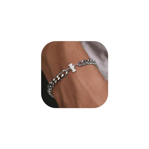 Stainless Steel Initial Bracelet for Men - Dainty Silver Cuban Link