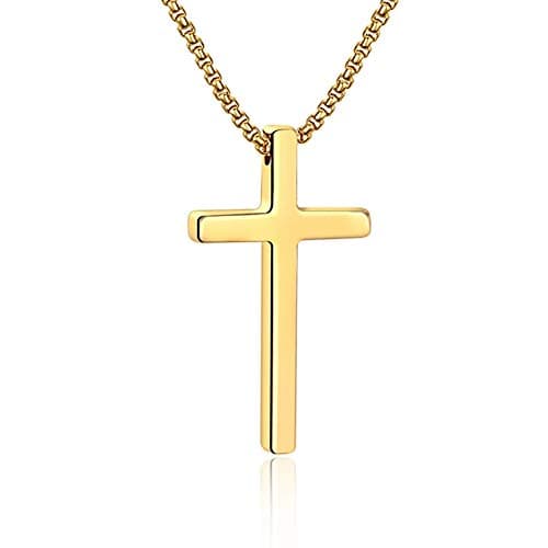 IEFSHINY Men's Stainless Steel Cross Pendant Necklaces, 16-30 Inches Gold/Silver/Black