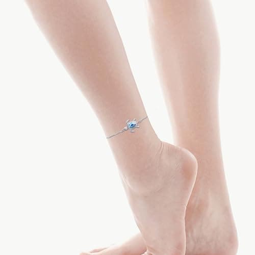 PUPILLEMON Blue Opal Sea Turtle Anklet, Women's Sterling Silver Jewelry (Large Size)