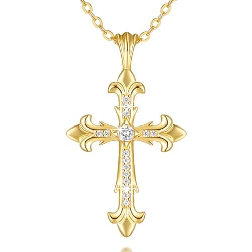 Chantel Yorke 14K Gold Cross Necklace Women's Baroque Pendant CZ Stones 43cm
