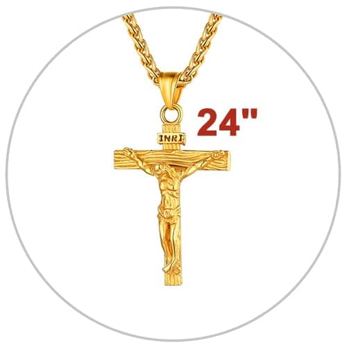 Antique U7 Men's Crucifix Necklace, 18K Gold Tone & Stainless Steel, 22" Chain, Gift Packed