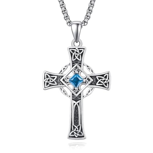 Admetus Sterling Silver Celtic Cross Necklace for Men with Birthstone Chain