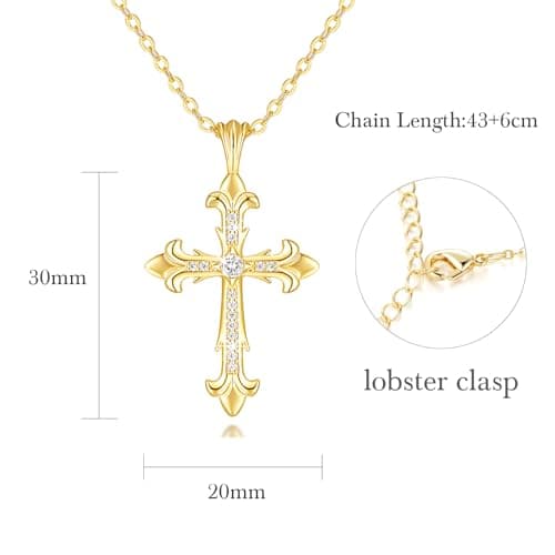 Chantel Yorke 14K Gold Cross Necklace Women's Baroque Pendant CZ Stones 43cm