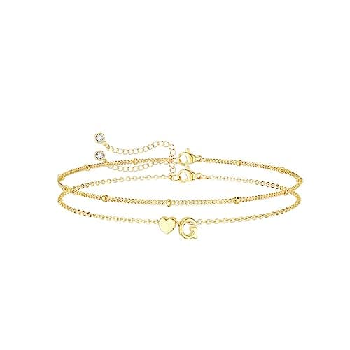 DearMay Dainty Heart Initial Gold Bracelets for Women Trendy 14K Real Gold Jewelry