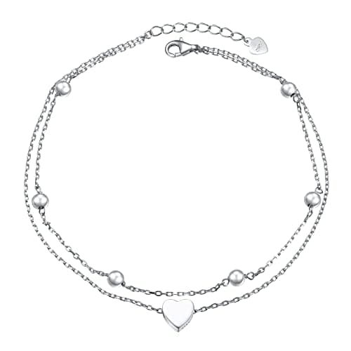 Flyow Sterling Silver Heart Charm Adjustable Anklet for Women