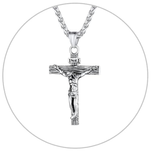 Antique U7 Men's Crucifix Necklace, 18K Gold Tone & Stainless Steel, 22" Chain, Gift Packed