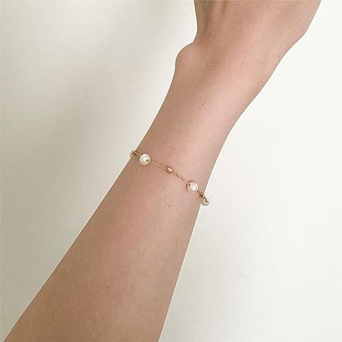 HLJEO 14K Gold Evil Eye Pearl Bracelet for Women