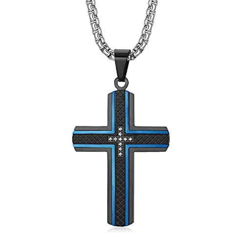 Zillaly Men's Stainless Steel Cross Necklace, Two-Tone Black & Blue Pendant - Gift Box Included