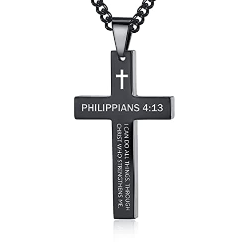 REVEMCN Inspirational Cross Necklace for Men, Black Stainless Steel Pendant Faith Gift