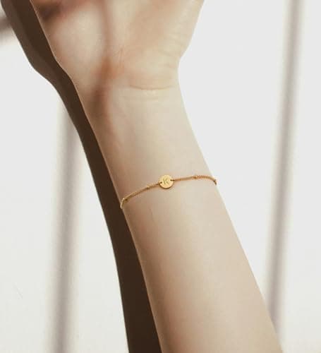Staligue Gold Initial Bracelet - 18K Gold Plated Coin Disc Beaded Chain