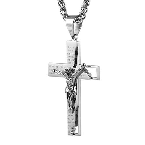 HZMAN Men's Stainless Steel Cross Crucifix Prayer Pendant Necklace 22+2" Chain