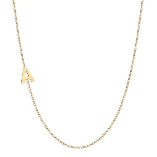 JEWEE 14k Gold Sideways Initial Solitaire Diamond Necklace, Personalized Birthstone Bridesmaid Gift