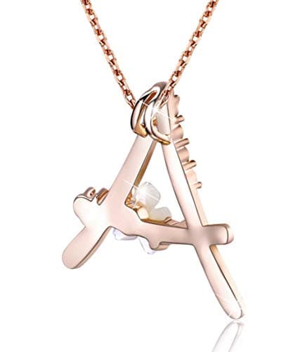 GEMMANCE Pink Red Blue Simulated Pearl Pendant Initial Letter Necklace Rose Gold Plated Anniversary Gifts for Women