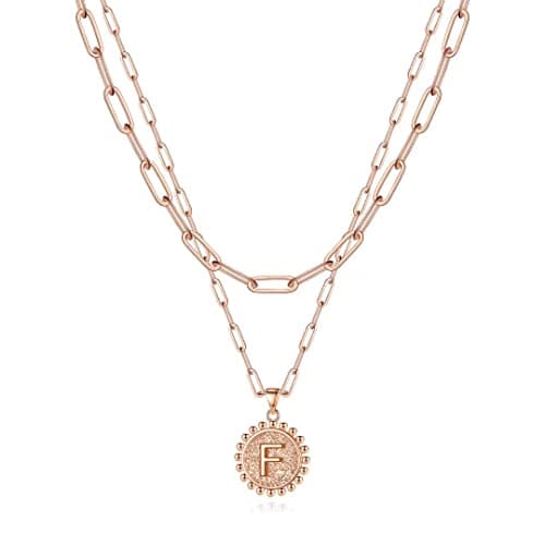 Ursteel Layered Initial Necklaces for Women - 14K Gold Plated Paperclip Chain with Coin Pendant