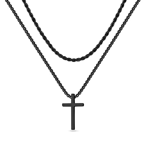 EnglishIVER Men's Gold Silver Black Stainless Steel Cross Necklace with Layered Rope Chain 16-24 Inch