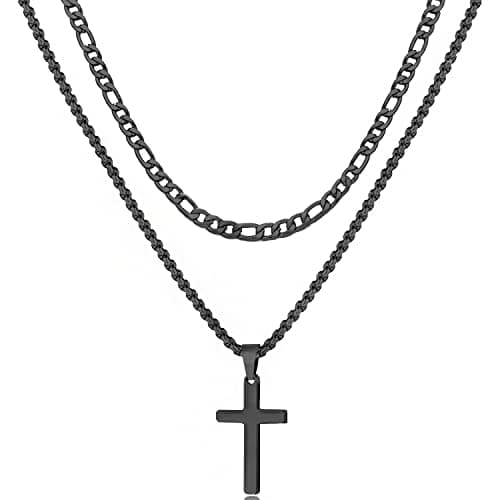 Todenb Layered Cross Necklace for Men, 18K Gold Silver Stainless Steel, 16-24 Inch