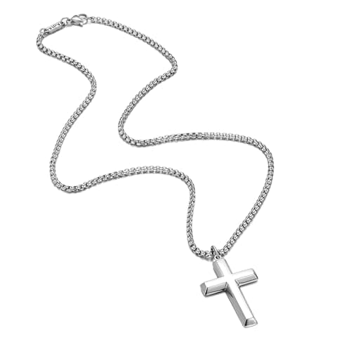 Stainless Steel Beveled Edge Cross Chain Pendant Necklace for Men