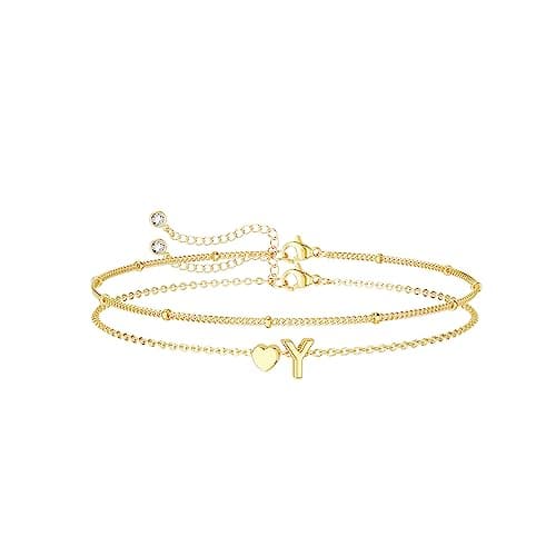 DearMay Dainty Heart Initial Gold Bracelets for Women Trendy 14K Real Gold Jewelry