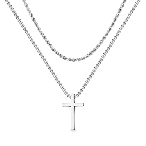 EnglishIVER Men's Gold Silver Black Stainless Steel Cross Necklace with Layered Rope Chain 16-24 Inch