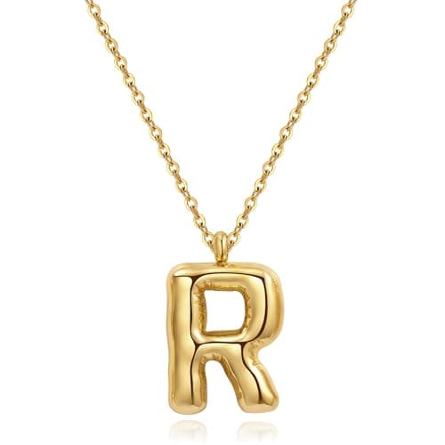 YeGieonr Tarnish-Free Gold Stainless Steel Initial Necklace with Bubble Letter Pendant