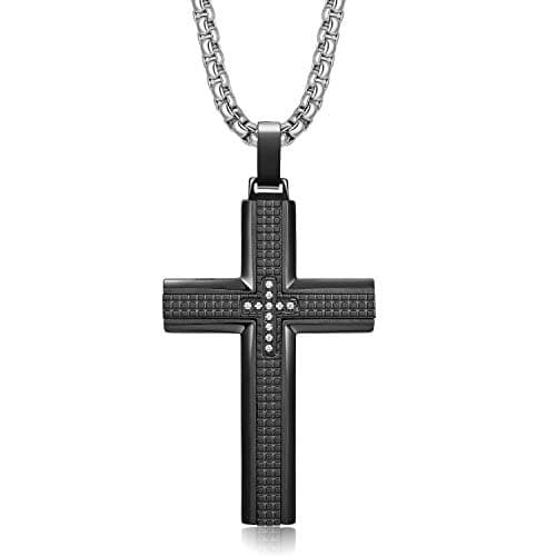 Zillaly Men's Stainless Steel Cross Necklace, Two-Tone Black & Blue Pendant - Gift Box Included