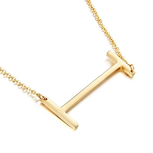 MOMOL Sideways Initial Necklace - Large 18K Gold Plated Stainless Steel Pendant for Women