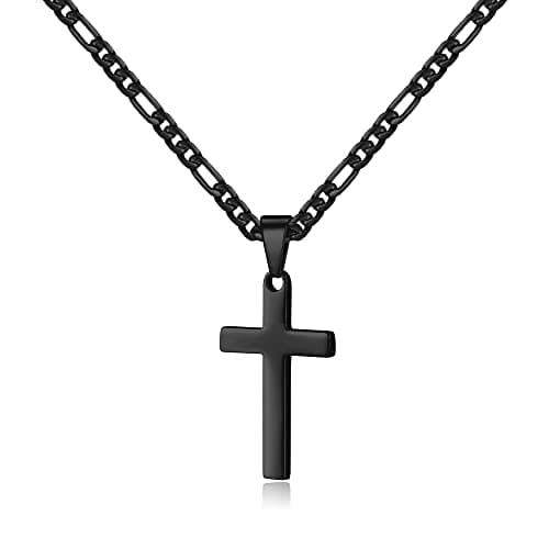 LUXEJEW Stainless Steel Figaro Chain Cross Pendant Necklace - Black, Silver, Gold